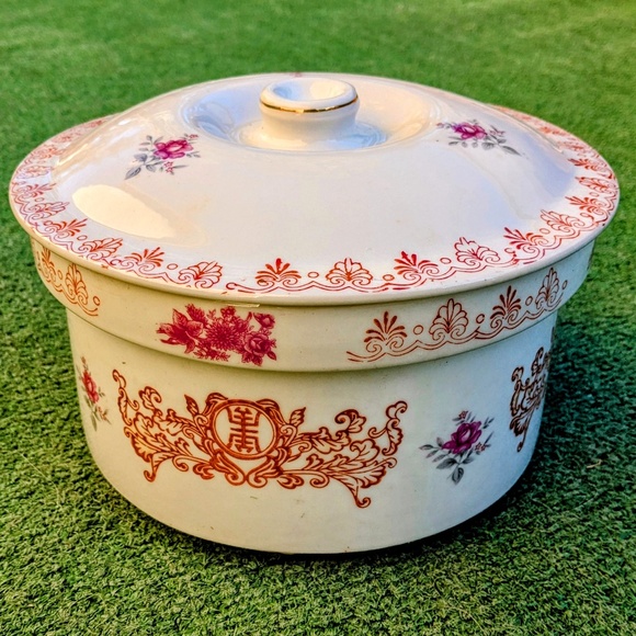 Vintage Chinese Hand Painted Stoneware Serving/Storage 8.5" Large Bowl w/Lid NOS - Picture 4 of 7